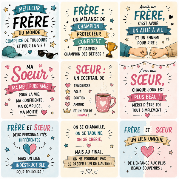 Collection de magnets Frère & Sœur – 5x5 cm 💙💖