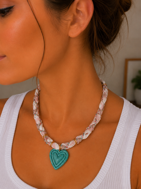 💙 Fiche produit – Collier cœur turquoise tressé ✨