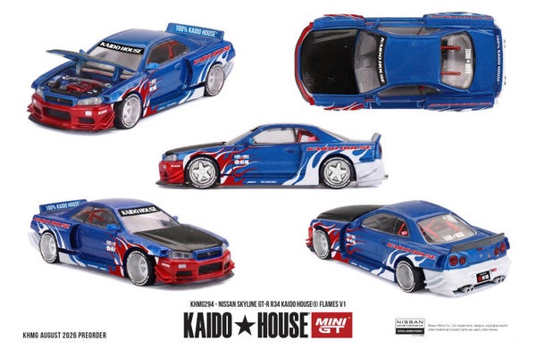 Mini GT Nissan Skyline GT-R (R34) Kaido House Flames V1 1999 KHMG294 1:64