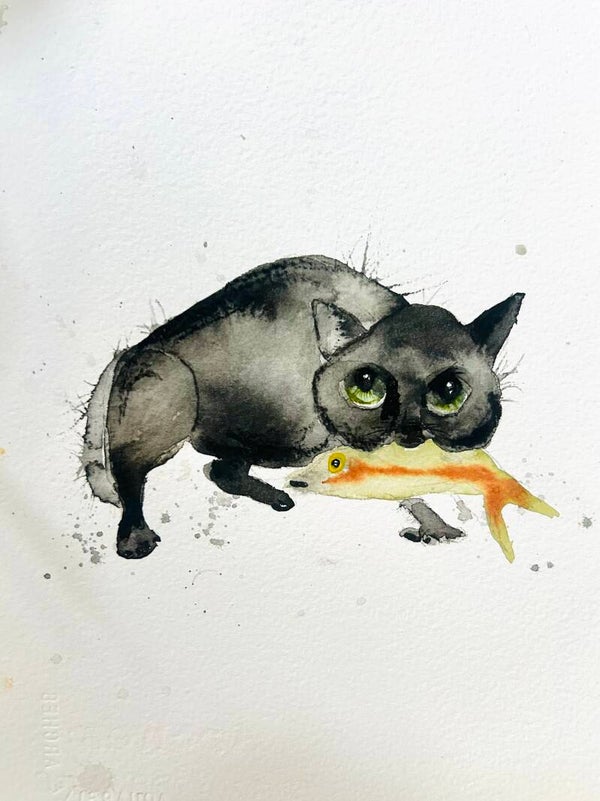 'Cat with a fish in its mouth' (original)