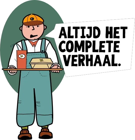 Een afbeelding van karakterdesign.com. Een man die een dienblad vasthoudt met een hamburger  en ee n frisdrank met ee nrietje