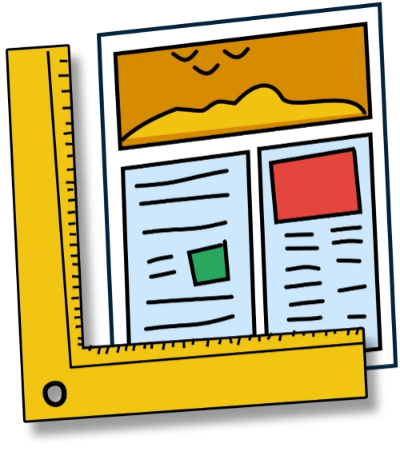 een illustratie van karakterdesign. een getekende flyer langs een l vormig liniaal