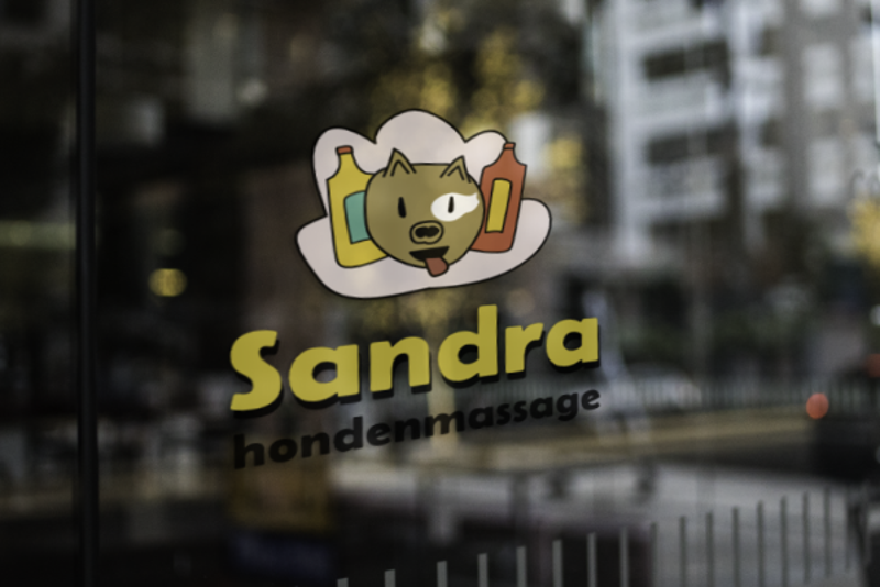 de raamsticker op het grtoe raam aan de straat van de salon van Sandra Hhondenmassage. Gemaakt door karakterdesign.com