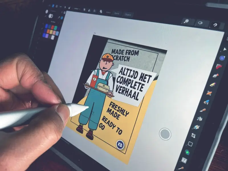 Martijn Bekker aan de tekentafel. Ipad en stylus zijn de gereedschappen die hij nodig heeft.