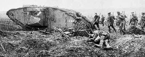 Troops advancing past a damaged tank during the First World War, symbolising detailed military genealogy research across multiple record sets and battle accounts