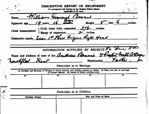 British Army WWI service record for William Emmuel Bennis, showing enlistment details, next of kin, and regimental history.
