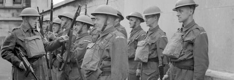 British Home Guard unit on parade with weapons, ideal for researching home front military roles and WWII service records