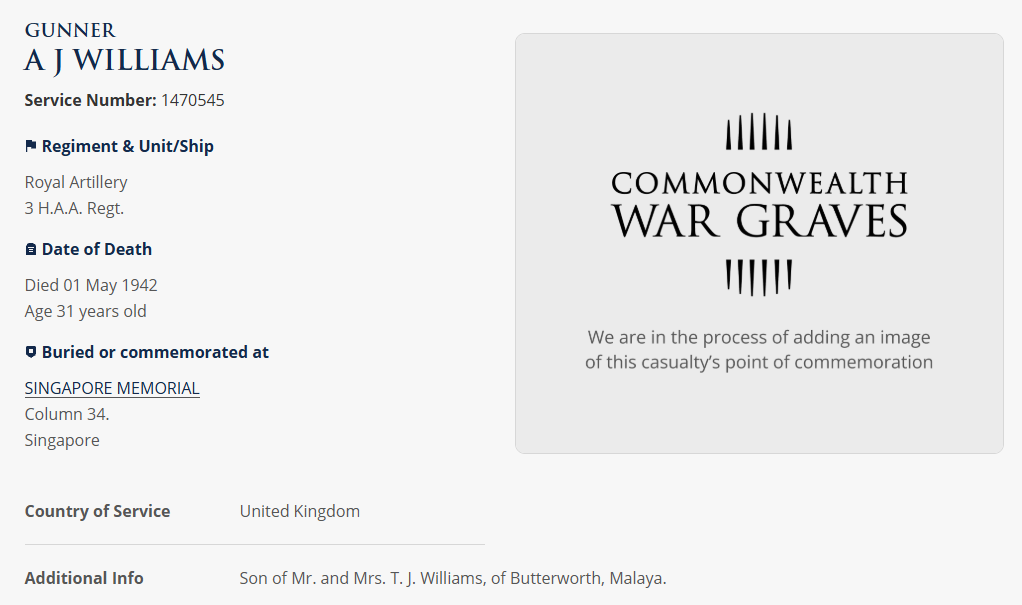 Commonwealth War Graves Commission record for Gunner A. J. Williams of 3 Heavy Anti-Aircraft Regiment, Royal Artillery, used as the starting point for a military history research case study.