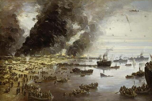 British troops evacuating from the beaches of Dunkirk during Operation Dynamo in 1940, with ships offshore and smoke rising from bombardment