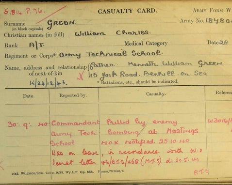 Example of a WWII Army casualty form used in UK military service records, showing soldier’s death and next-of-kin details.