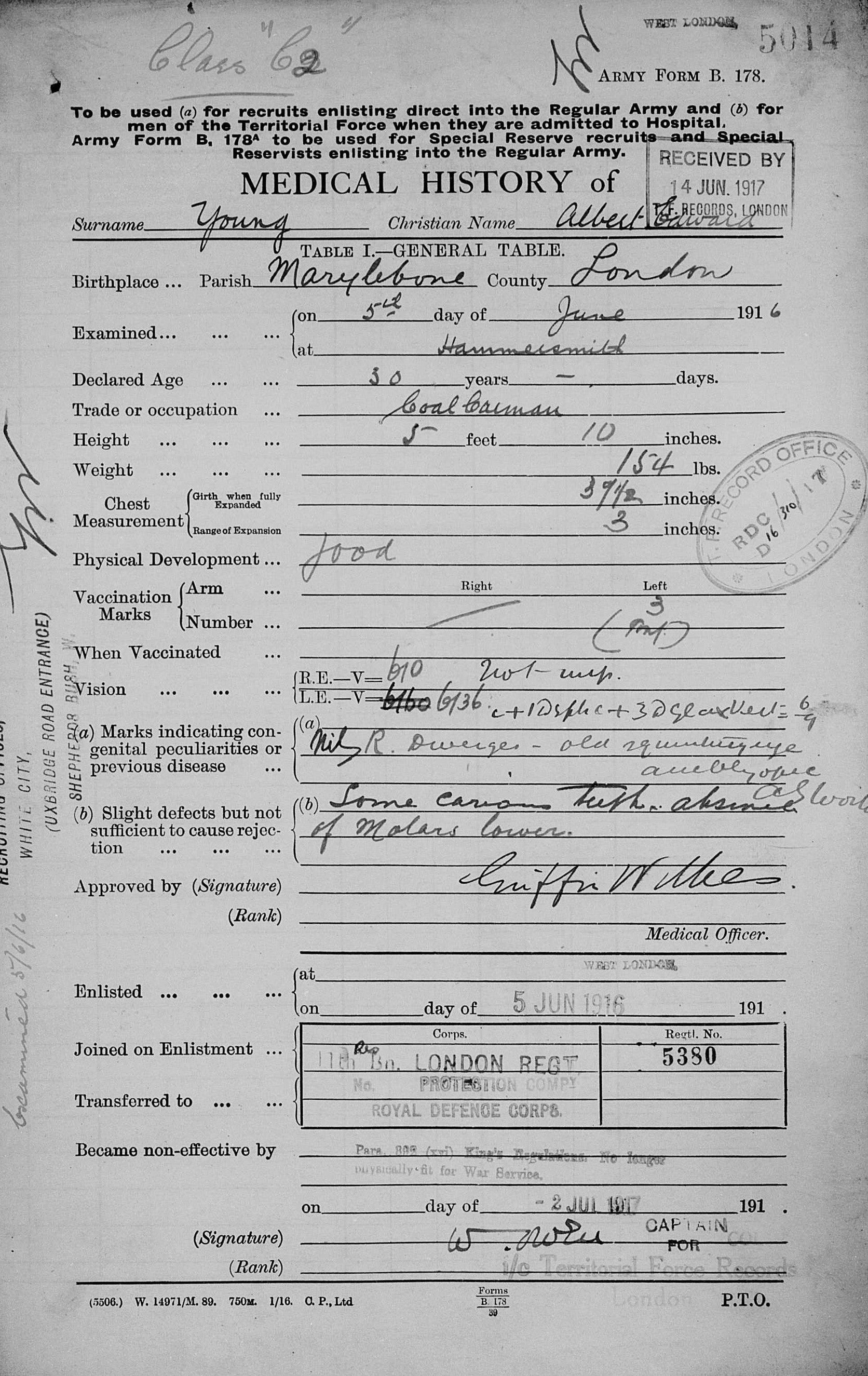 First World War medical history form for Albert Young of the 18th London Regiment dated June 1916