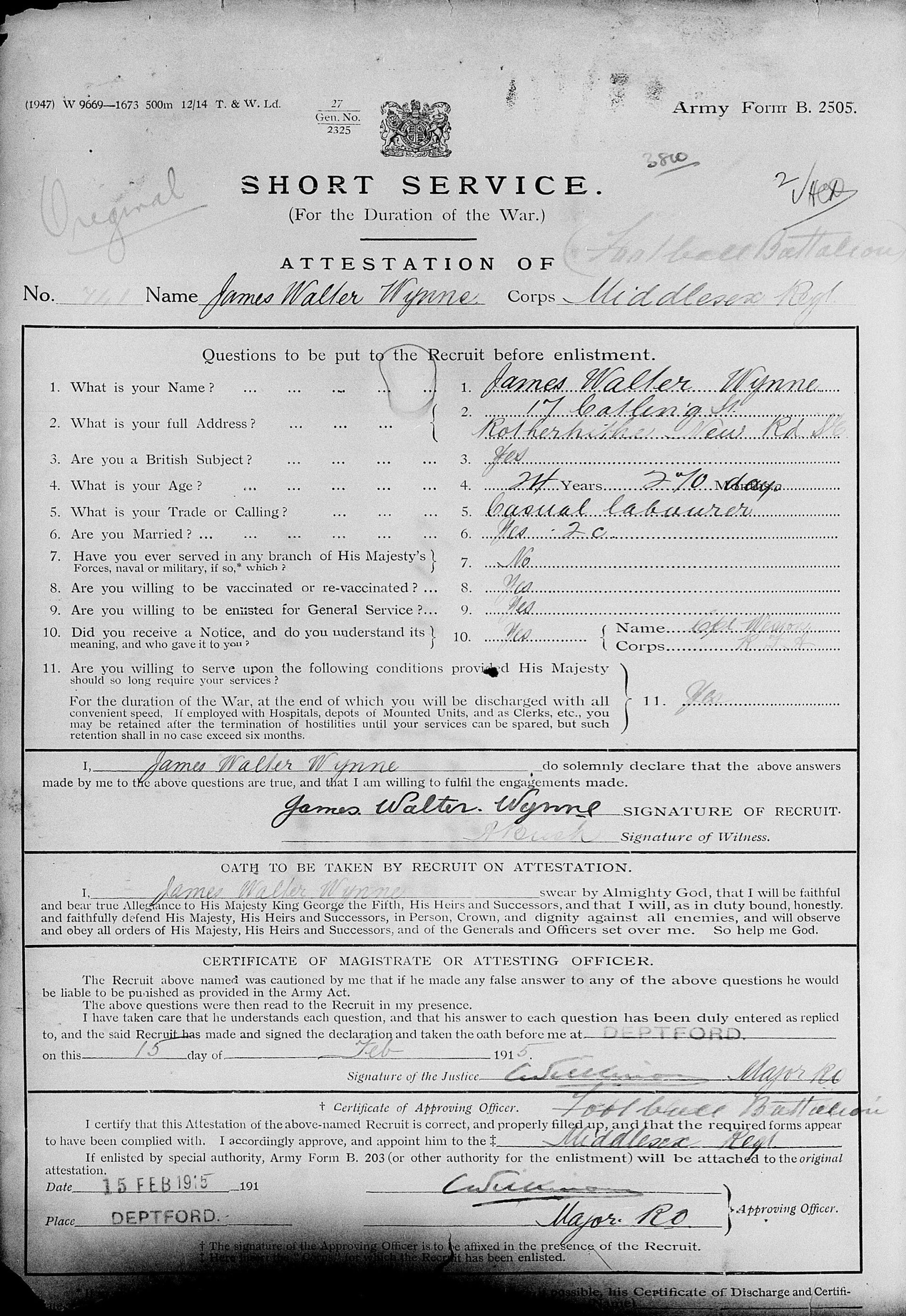 First World War attestation form for James Walter Wynne of the Middlesex Regiment dated February 1915