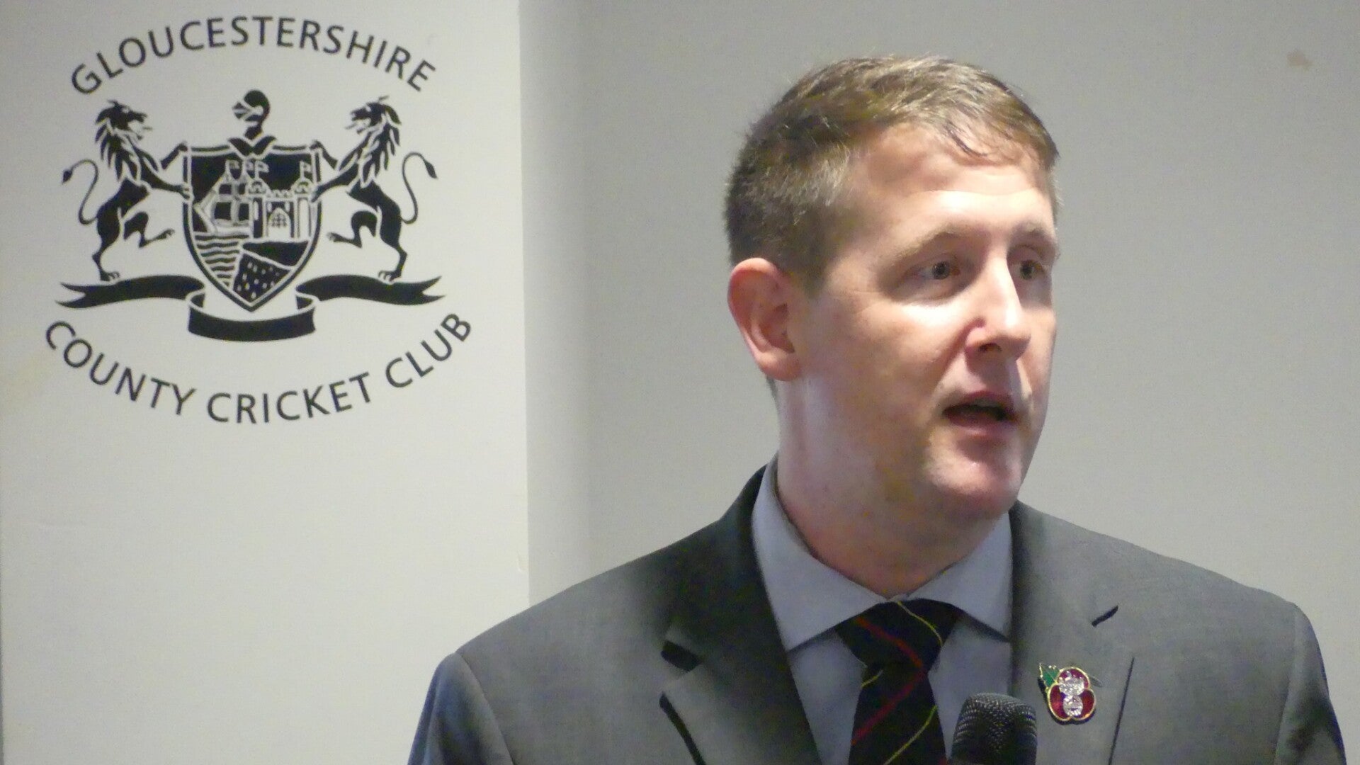 Military historian delivering a public talk at Gloucestershire County Cricket Club.