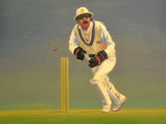 Jack Russell in cricket whites mid-action, artwork by the former England wicketkeeper turned military history painter