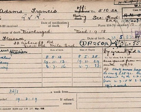 UK military pension record from WWI for naval serviceman, used to trace post-war benefits, family support, and casualty status.