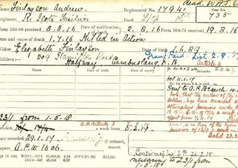Example of a British Army pension card from WWI for a soldier killed in action, used to trace family and service history