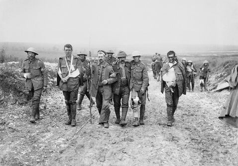 British Army troops with visible injuries after battle, 1916—context for decoding WWI service numbers and tracing military history