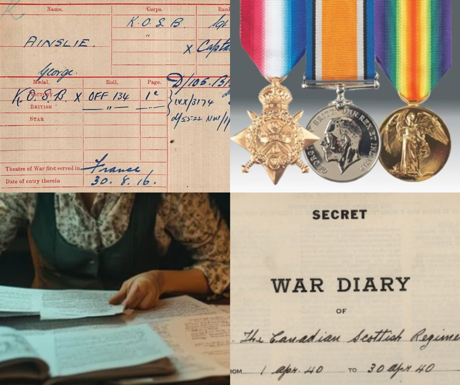 Visual summary of sources used to trace a soldier’s war service records, including a medal card, military medals, and unit war diaries.