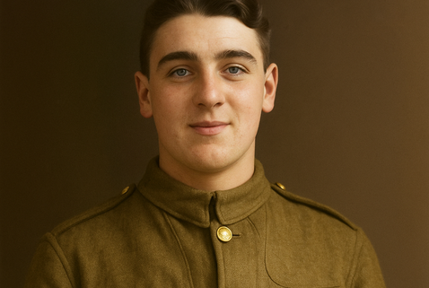 Colourised portrait of a young British WWI soldier, ideal for explaining service numbers and military records