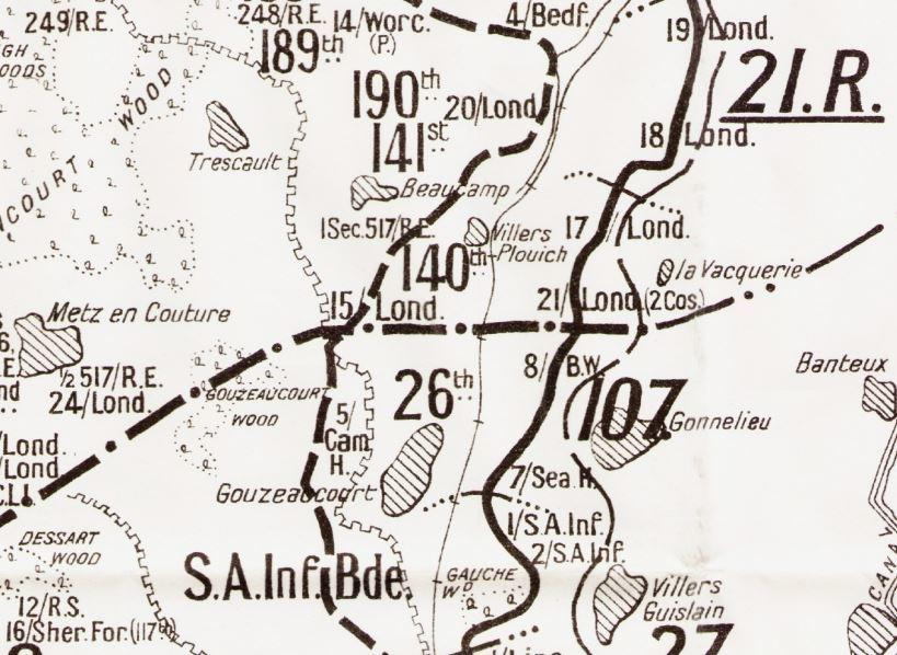 WW1 trench map showing London Regiment battalion positions on the Western Front
