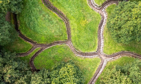 Aerial view of preserved WWI trenches, illustrating how service numbers can help trace where soldiers served