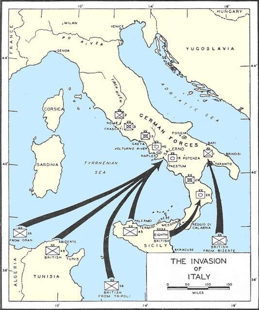 WW2 Italy campaign map showing British Army invasion routes and advance into mainland Italy
