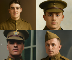 Colourised portraits of British soldiers from WWI, illustrating the variety of military uniforms seen in military records search results