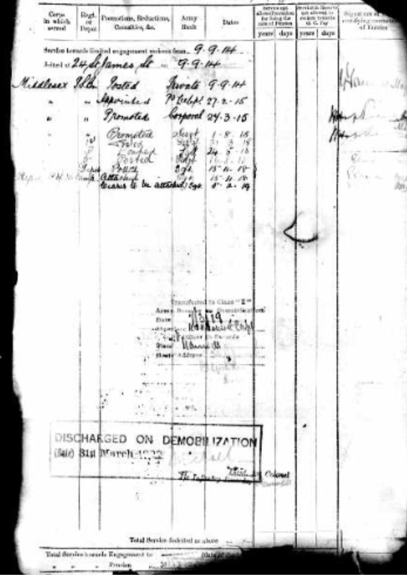 Service summary of soldier in 16th (Service) Battalion (1st Public Schools), Middlesex Regiment, showing overseas service, promotions, wounds and demobilisation during the First World War.