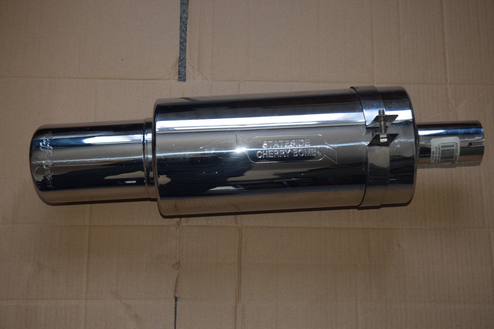 custom chrome racing stateside cherry bomb 'Muff Diver' 4 inch universal exhaust back box with inward rolled tip