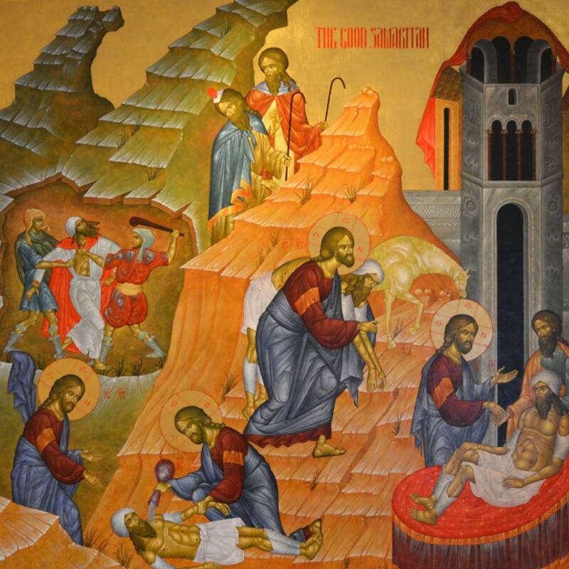 icono de Jesús ayudando a hombre víctima de robo