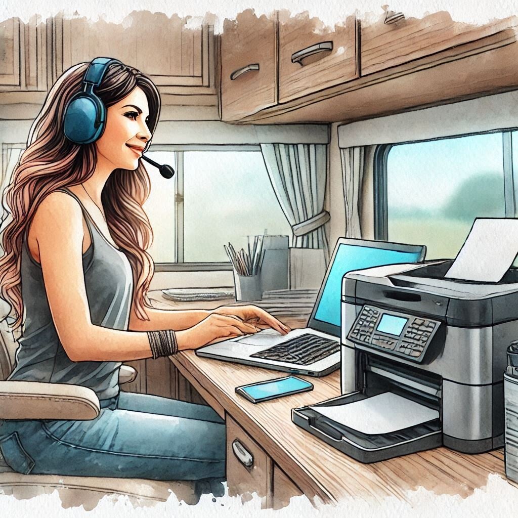 Frau mit Headset arbeitet am Laptop im Camper