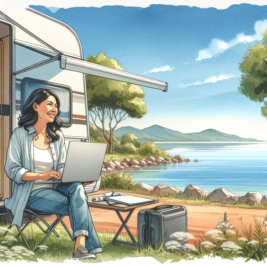 Frau vor dem Camper und Laptop auf den Beinen, im Hintergrund ein See