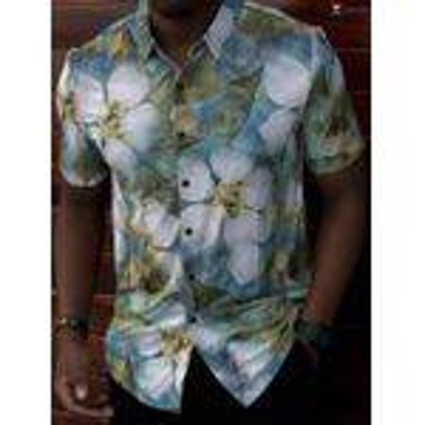 Men's Silk Casual Shirt Floral Button Short Sleeve Medium/Large