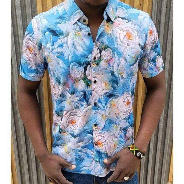 Elegant Men Floral Button Down Short Sleeve Shirts-Blue Flowers Medium/Large