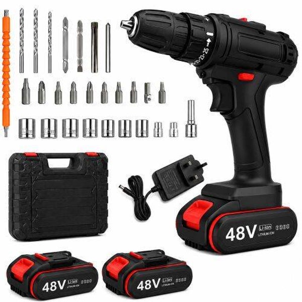 Cordless 48V Drill Set Electric Power Drill With Charger And 2 Batteries