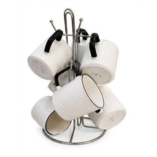 Sundabest Japanese Style Ceramic Coffee Mug Ribbed Design White With Black Handle & Rim 350ml 1Piece