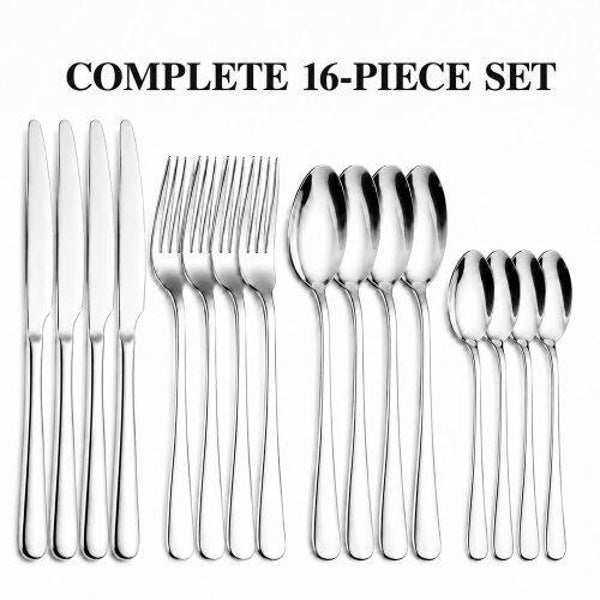 Stainless Steel Cutlery Silver Flatware With Knives, Forks, Spoons & Teaspoons Set For 4 16Pieces