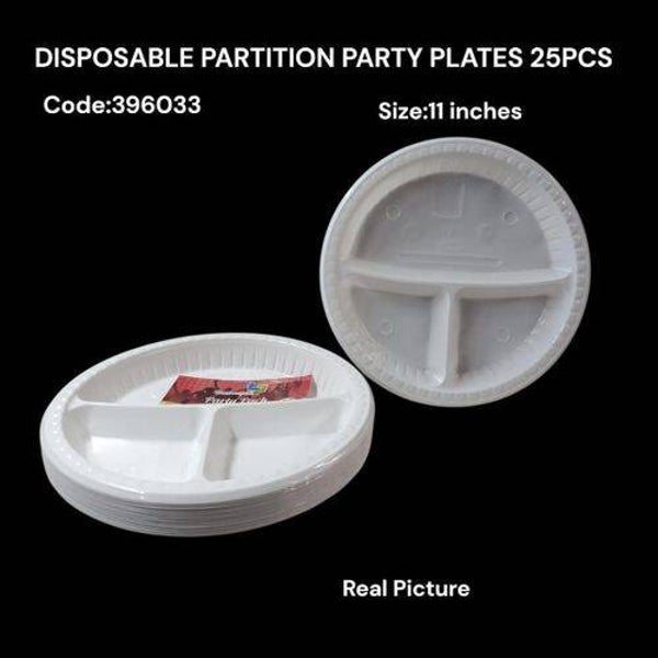 Plastic Disposable Round 3 or 4 Compartment Party Plates Plain 3 or 4 Compartments Catering Tableware 25Pcs