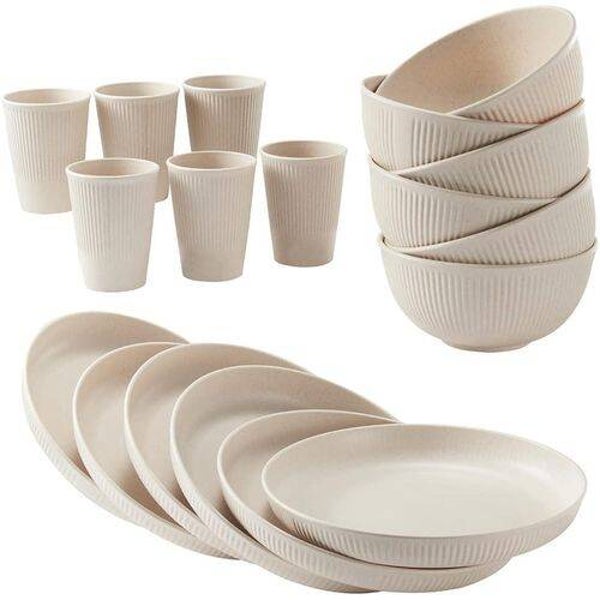 Ubreakable 18Pcs Wheat Straw Dinnerware Sets Kitchen Plates And Bowls Dishes Plates Cups Bowls Saucers Cutlery Crockery Beige