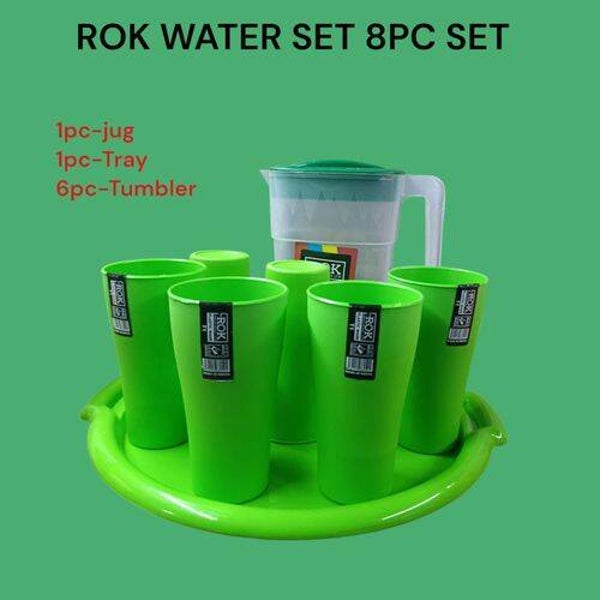 Rock Set 8Pcs Reusable Plastic Water 6 Glasses 450ml+1 Jug 2Litres And 1 Tray