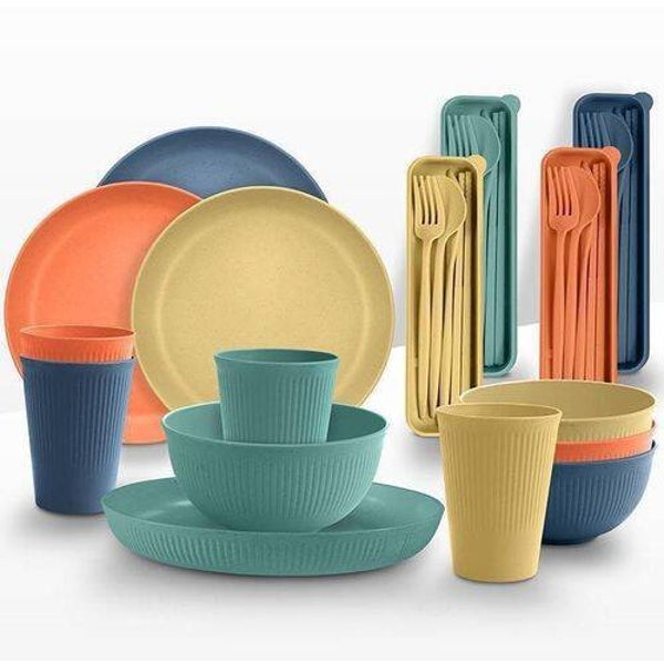 Macaron 4-Color 28Pcs Wheat Straw Plate Bowl Cup knife Fork Spoon Chopsticks Outdoor Bowl&Dish Tableware Set