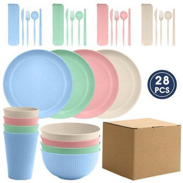 Nordic 4-Color 28Pcs Wheat Straw Plate Bowl Cup knife Fork Spoon Chopsticks Outdoor Bowl&Dish Tableware Set