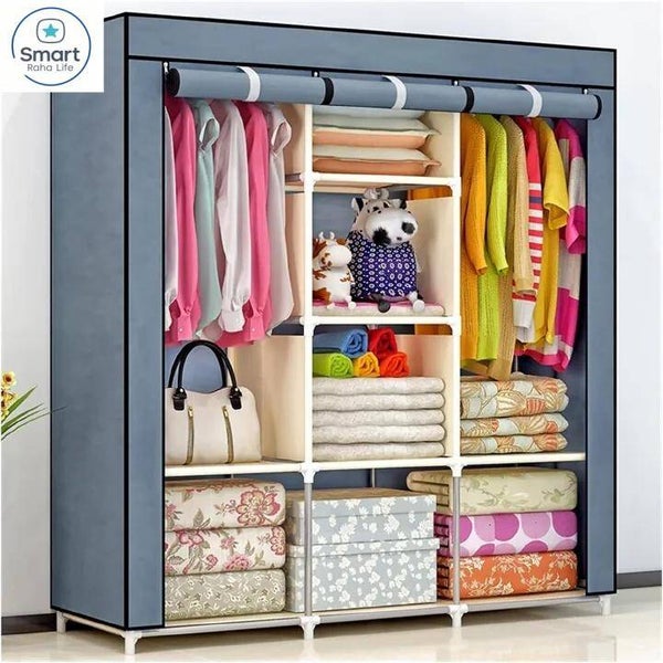 Smart Life 3 Column Portable Fabric Wardrobe 8 Shelves&Hanging Assorted Colours 130CM