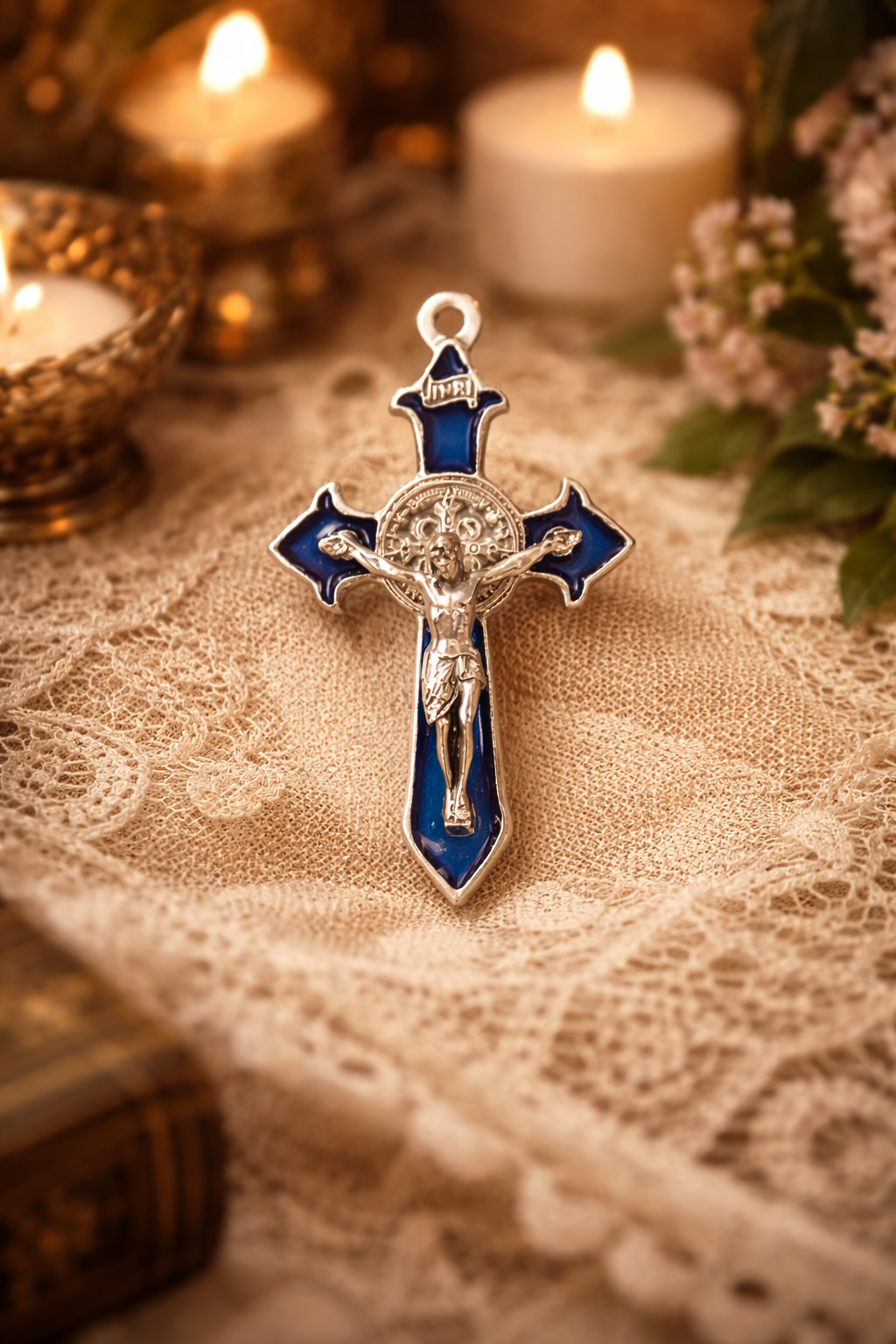 Crucifijo de San Benito en Esmalte Azul Real – Protección Elegante