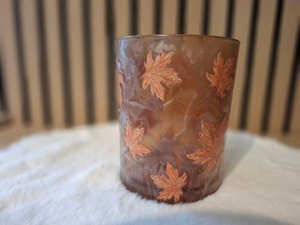 J-Line Kaarshouder Bladeren 8x8cm – Glas Abrikoos/Terracotta