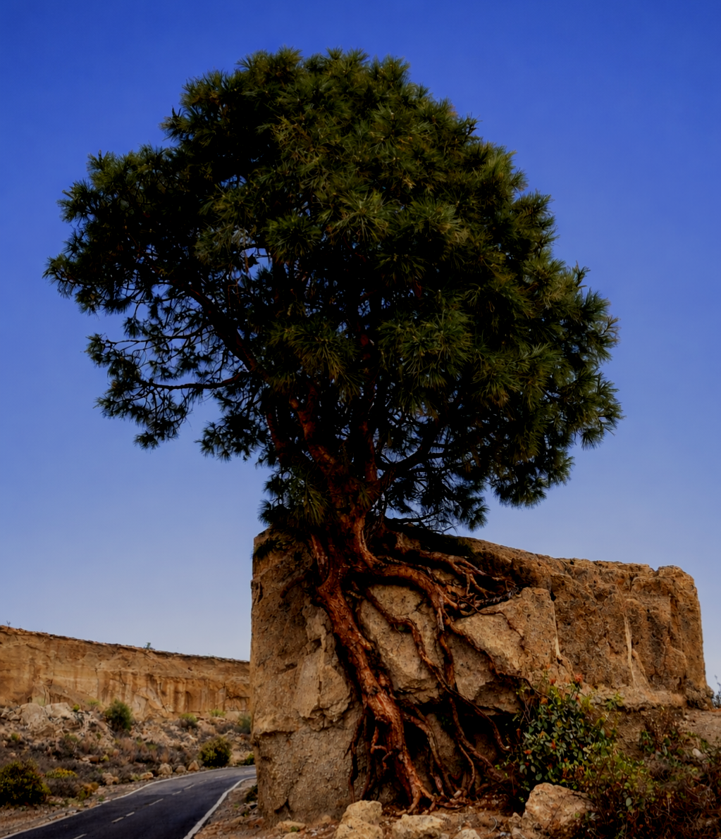 Baum auf Teneriffa, dessen Wurzeln im Fels verschlungen sind.