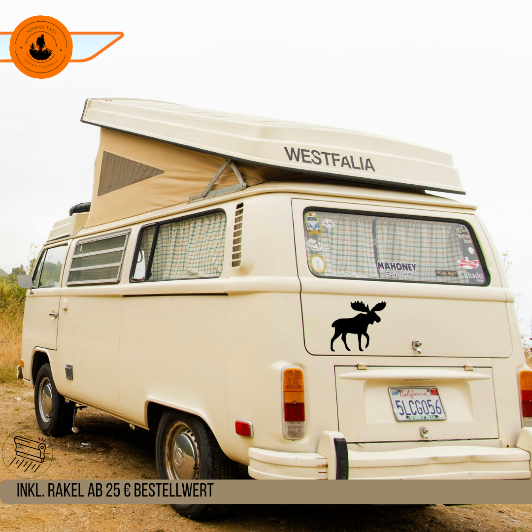 Elch Camper Aufkleber – Minimalistischer Wildlife Vinyl Sticker für Van & Wohnmobil