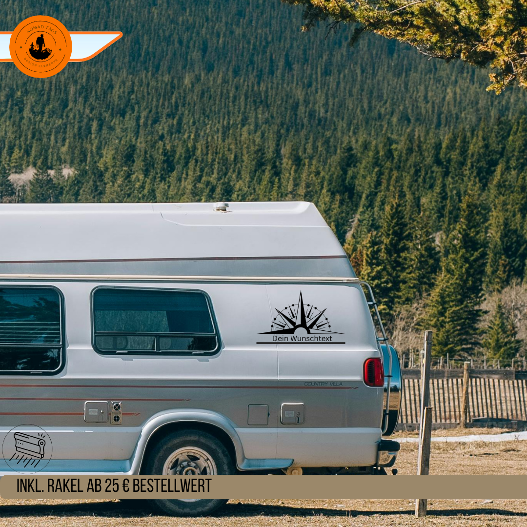 Personalisierter Kompass Aufkleber für Camper & Van – Wunschtext Vinyl Sticker für Wohnmobil & Vanlife