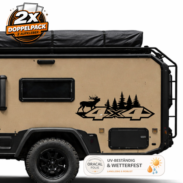 4x4 Offroad Aufkleber Hirsch & Wald – Premium Camper Sticker aus ORACAL® Folie – Wetterfestes 2er Set für Wohnwagen, Camper & Offroad Anhänger