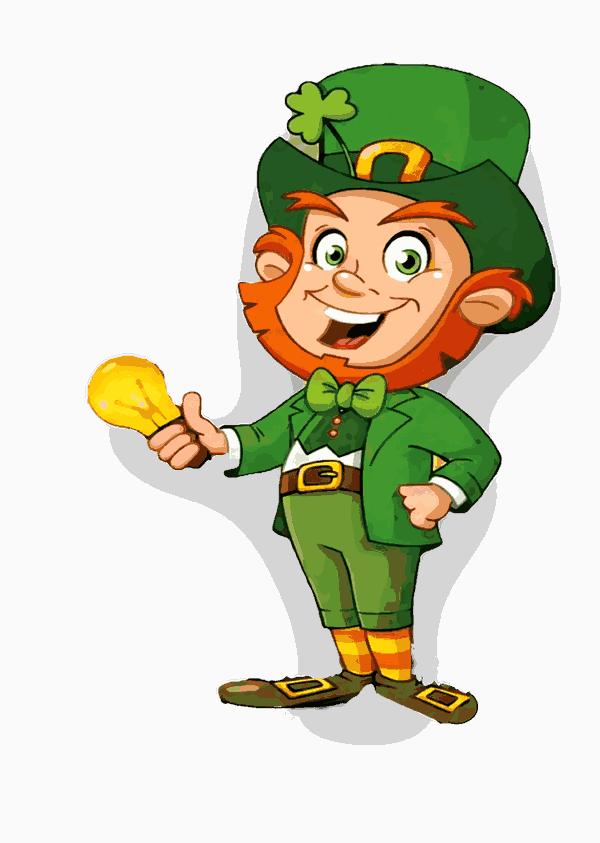 Switchpoint leprechaun mascot holding a glowing light bulb